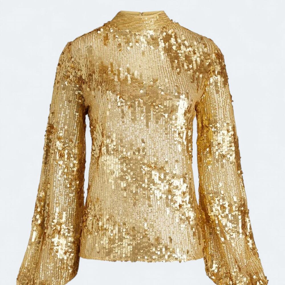 Express Sequin Mock Neck Balloon Gold Sleeve Top Womens Size XS